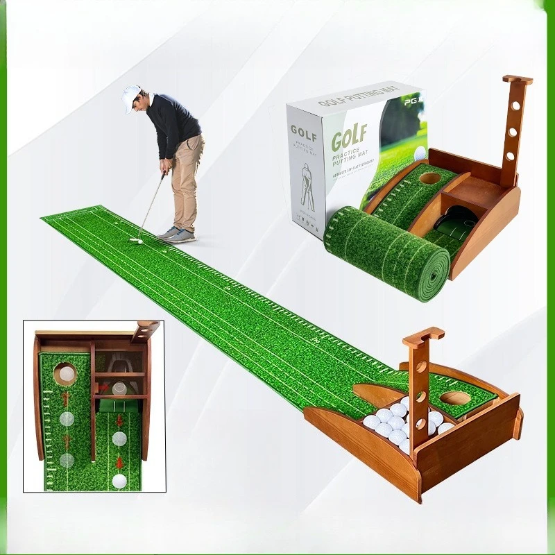 High Grade Solid Wood Golf Putting Green Auto Return Ball Design Anti-Slip Rubber Base Home Office Relax Training Mat