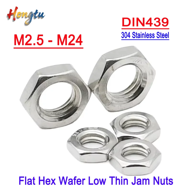 

2 - 100 pcs, 304 Stainless Steel DIN439 Flat Hex Wafer Low Thin Jam Nuts, Sizes M2.5 - M24
