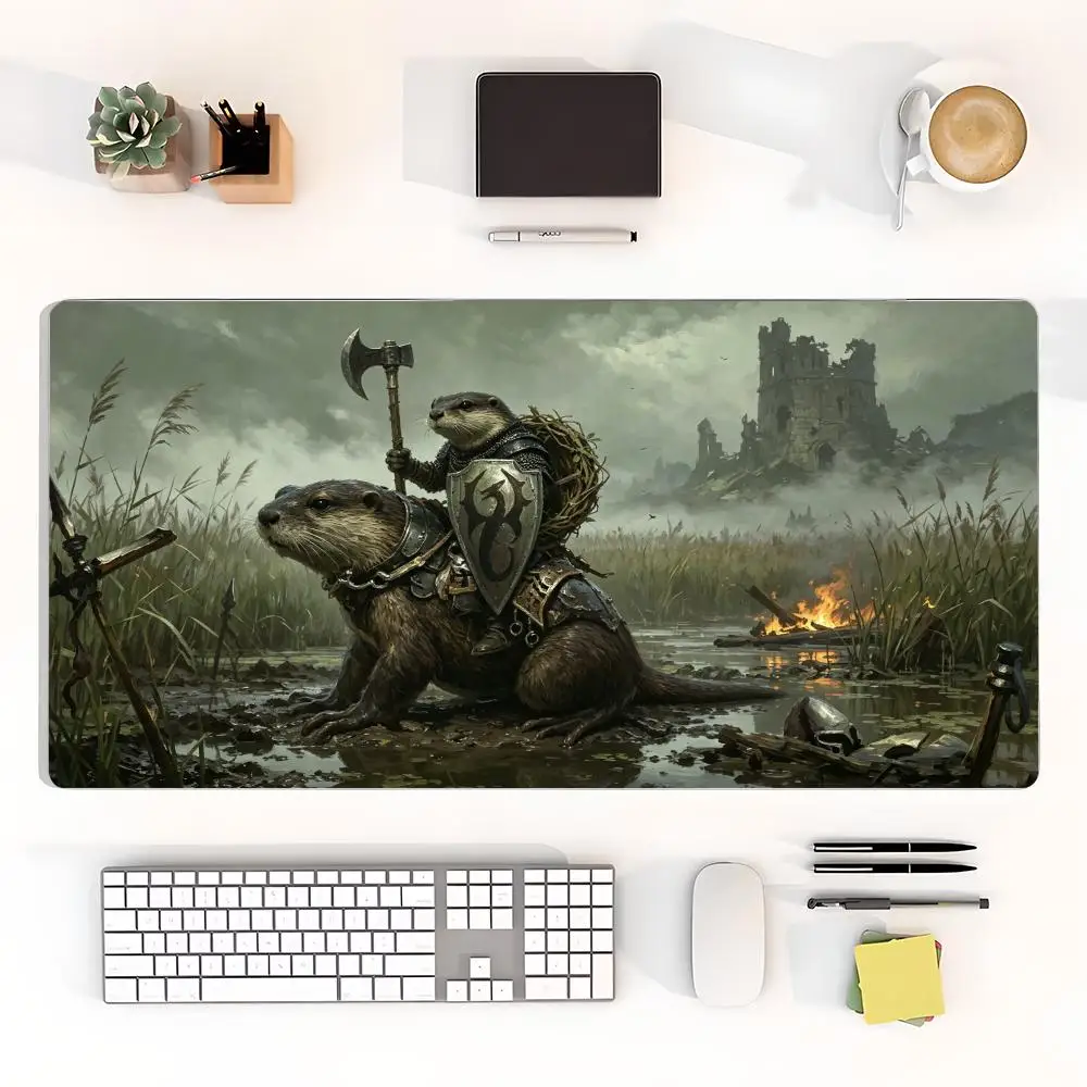 Mouse Pads Anime Fantasy Fox Knight In Armor Riding Big Goat War Ruins Scene For Office Desktop Game Card Pad