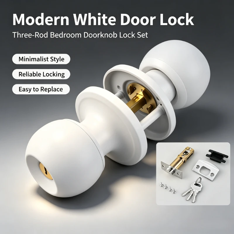 Modern White Ball Privacy Door Knob 3 Spindle Cylinder Door Lock Kit Heavy Duty Interior Bedroom Door Handle for Home Room