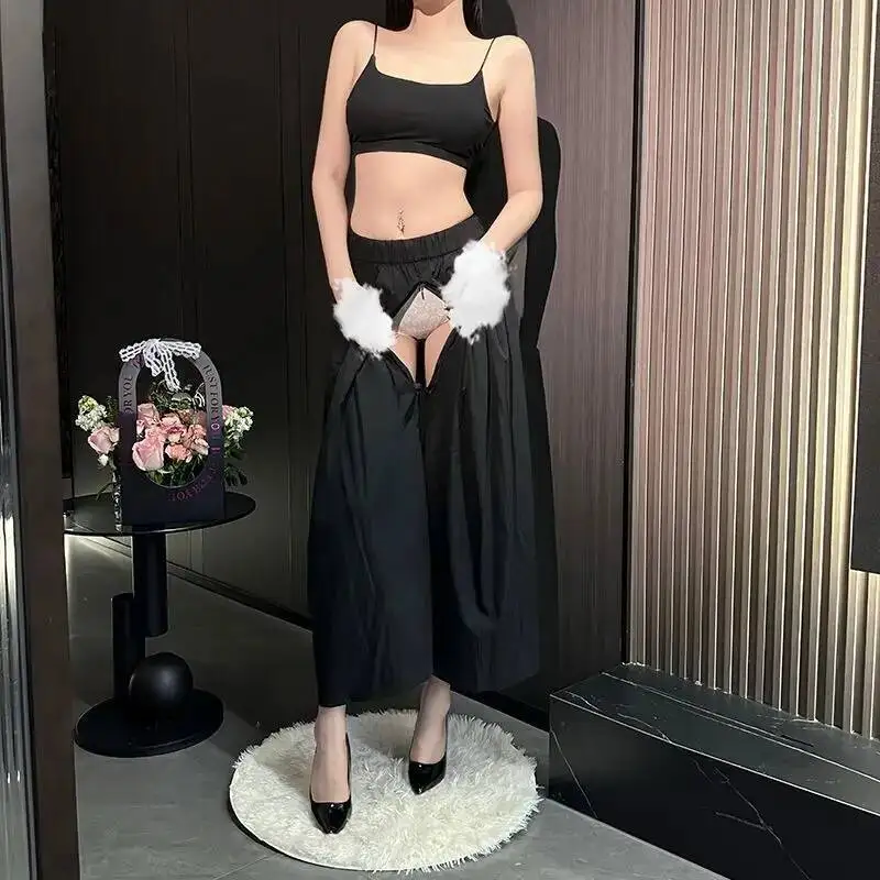 

Invisible Zipper Open Crotch Women Pants High Waist Sweatpants Wide Leg Casual Trousers