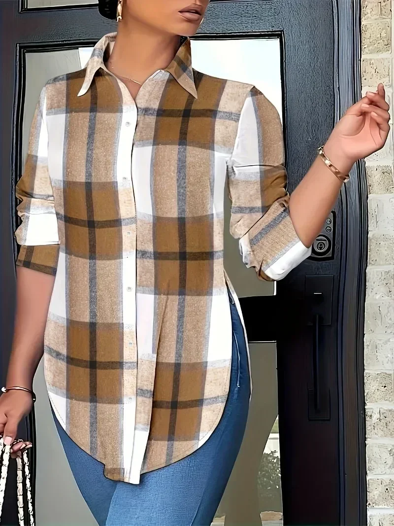 Plus Size Women's1XL-5XL Fashion Casual Polo Collar Shirt Women's Checkered Print Long Sleeved Casual Loose Comfortable Shirt