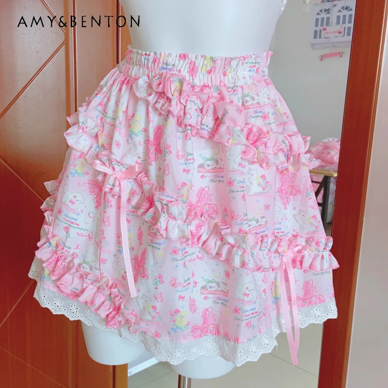 

Лето 2022, новая женская юбка с милым животным принтом, японский дизайн, милые кружевные универсальные свободные юбки трапециевидной формы, женские юбки