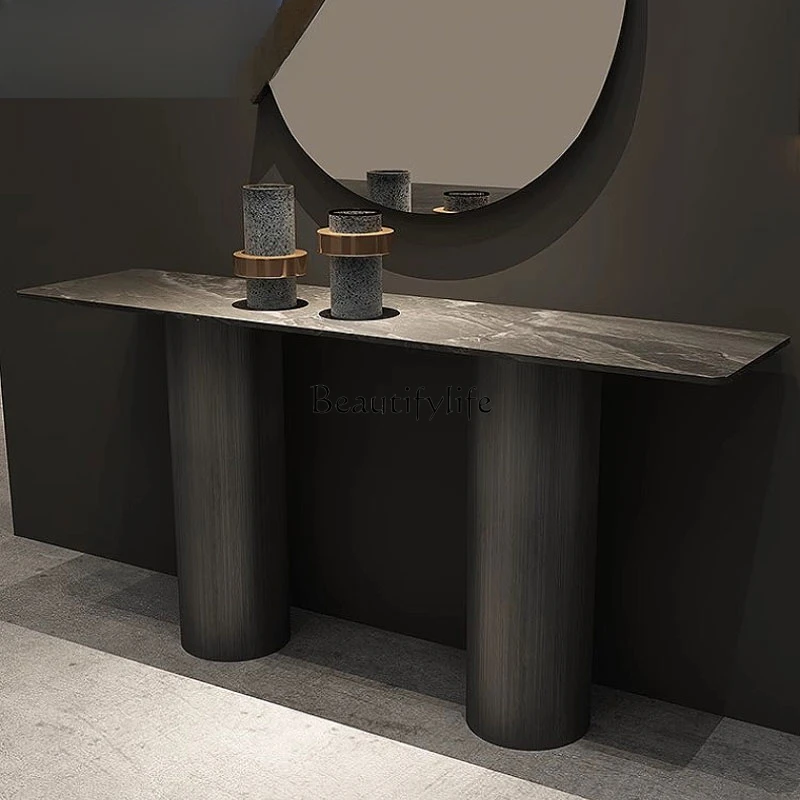 Italian minimalist light luxury non-embroidered steel entrance table Modern simple rock slab entrance table End view table