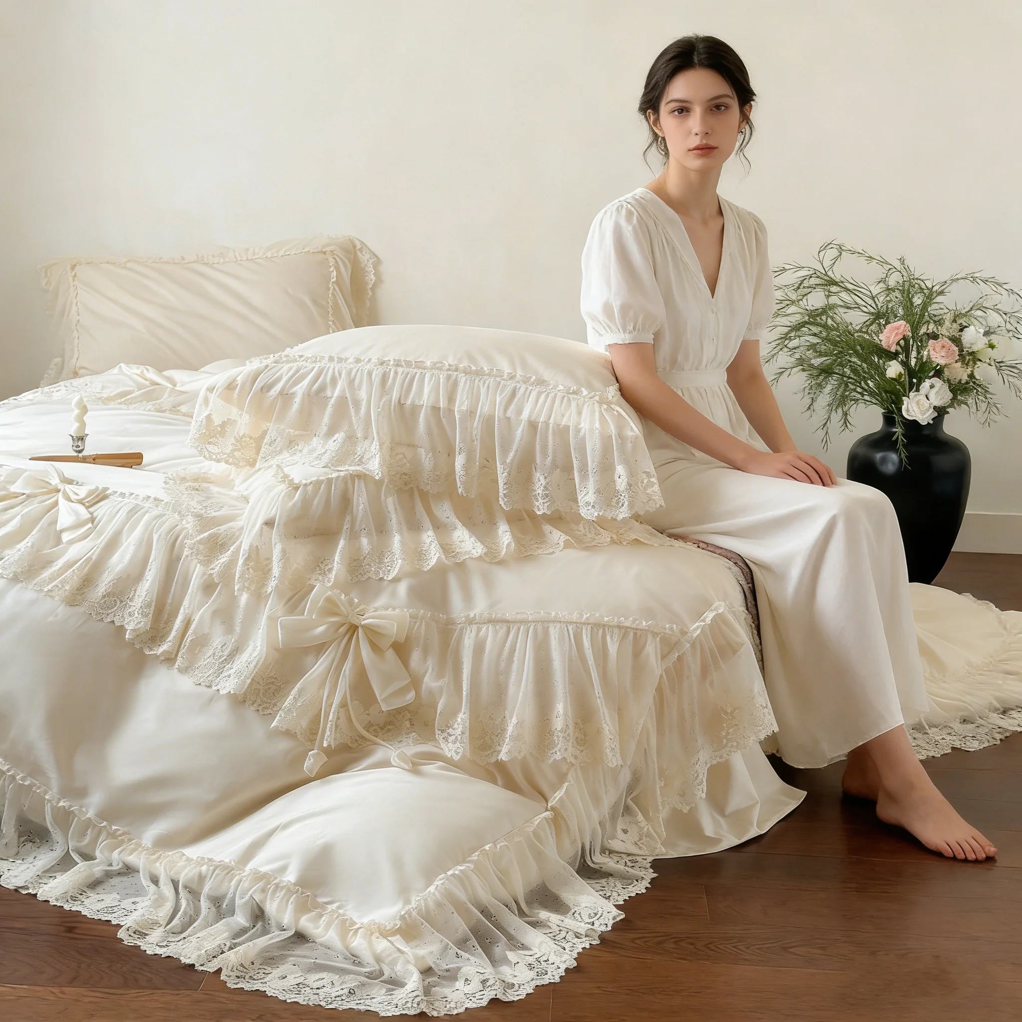 

Бежевый комплект постельного белья из египетского хлопка класса люкс с кружевной вышивкой: пододеяльник, покрывало, юбка для кровати, наволочки, домашний текстиль