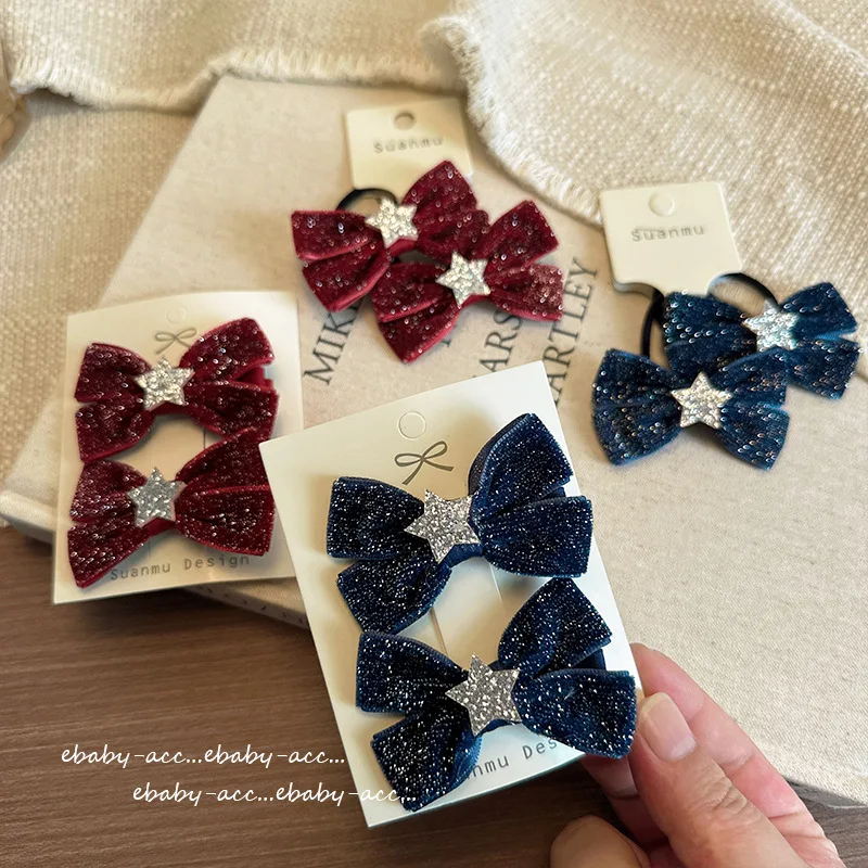 

Sparkle Bow Hair Bands for Girls Silver Star Velvet Burgundy Red Hair Ties Clips Set New Year Kids Hair Accessory
