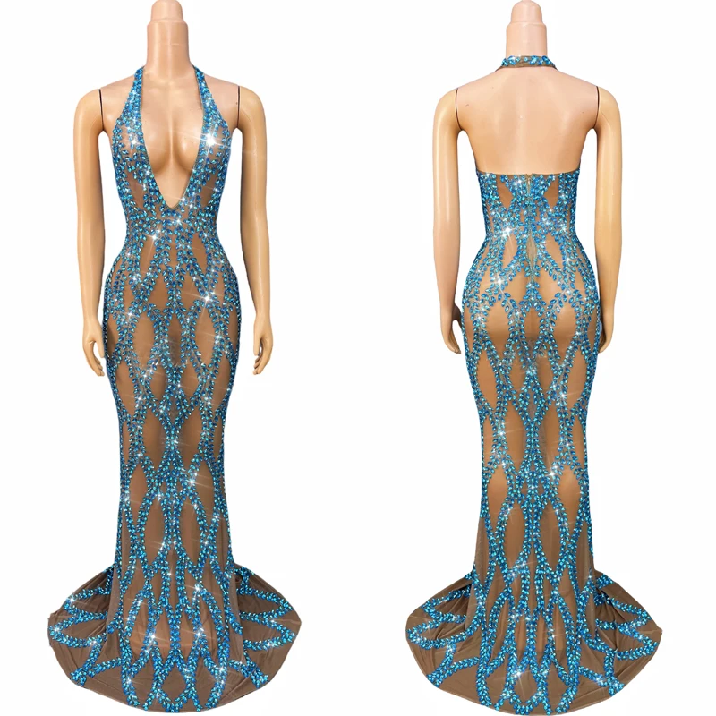

Blue Rhinestones Festival Dress Bar Nightclub DJ Evening Gown Women Celebrate Party Outfits Stage Performance Wear XS10359