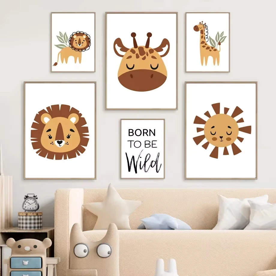 Boho Cartoon Animal Lion Giraffe Sun Wall Art Canvas Painting Nursery Posters And Prints Wall Pictures Baby Room Home Decoration