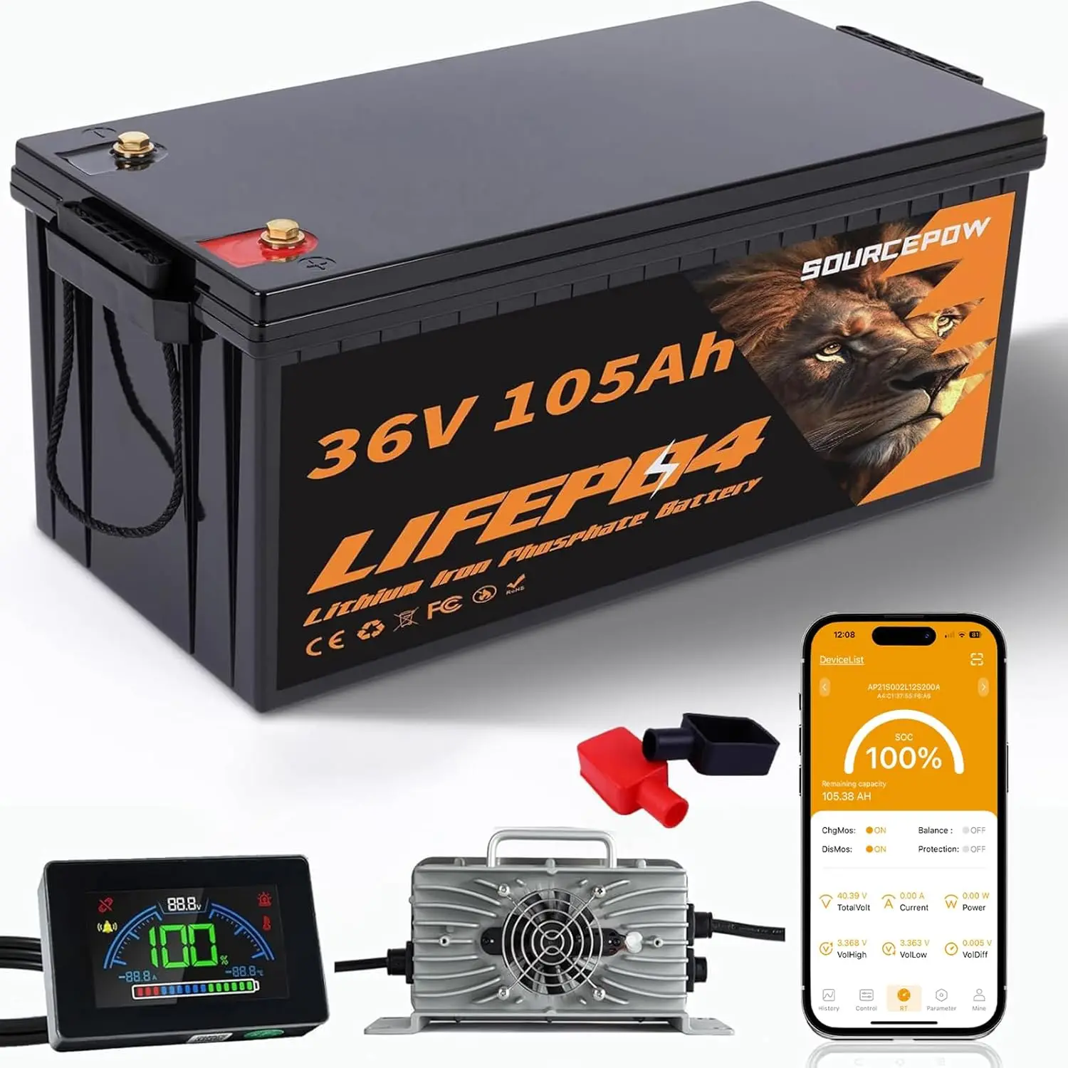 

36V Lithium Golf Cart Battery, 36 Volt 105Ah LiFePO4 Battery with a 200A Smart BMS, LCD Display & APP Monitor, 25A, Customized