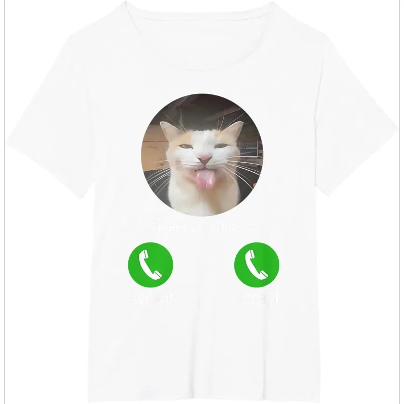 2026 Women's Spring and Summer Tongue-Out Cat Emoji T-Shirt, Call Button Print, Cat Print, Commuting Abstract Short Sleeve