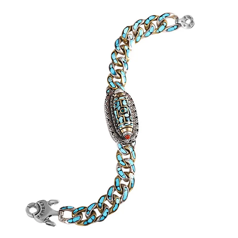 Ethnic style 925 silver inlaid Nine Eyed Tianzhu bracelet for men's fashion vintage blue enamel bangles banquet jewelry