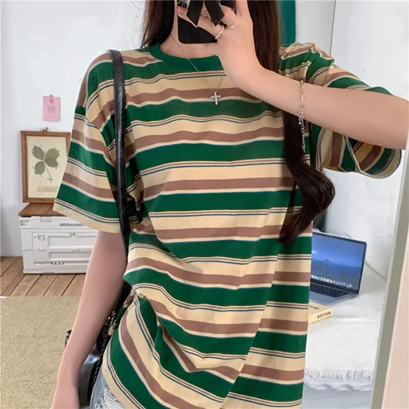 Slim Fit American Stripe Short Sleeve T-Shirt Women's Fashion Design Shoulder Length 2026 New Summer Ins Style Top