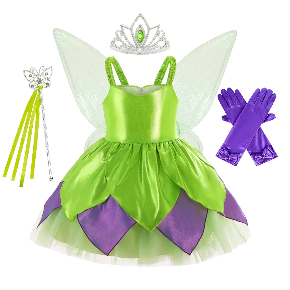 Baby Girl Tinker Bell Green Fairy Dress Kids Princess Dress With Wings Chiildren Stage Performance Clothes Birthday Party Outfit