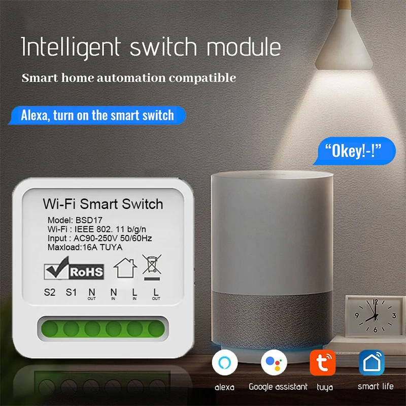 16A Wifi Smart Switch 2 Way Wireless Control DIY Light Switches Mini Smart Breaker Smart Life Control Support Alexa Google Home