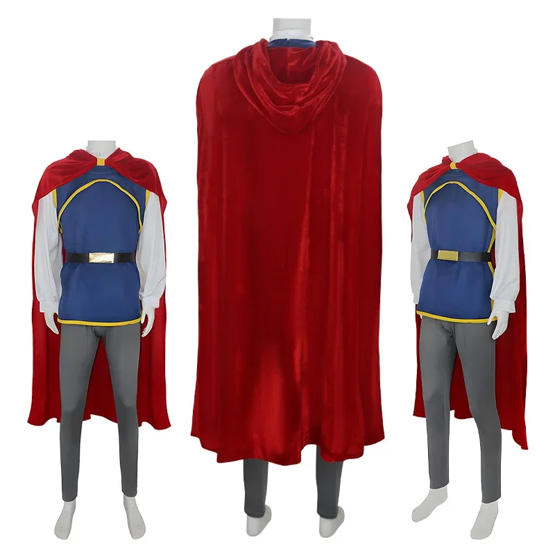 Anime Adult Men Cosplay Costume Snow White Prince Stage Performance Costumes Suit Shirt + Vest + Pants + Cape + Belt Costume