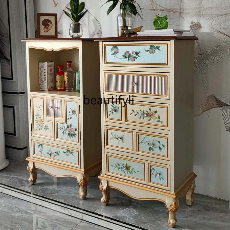 

American solid wood bedroom chest cabinet Mediterranean retro painted drawer wine cabinet storage cabinet