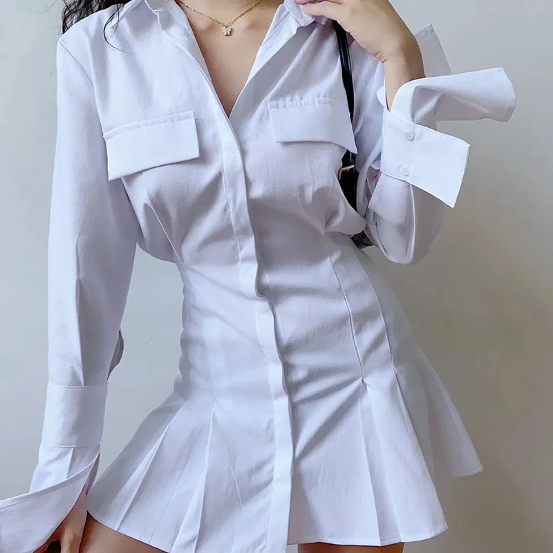 Lucyever Spring Summer Shirt Dresses Women Elegant Slim High Waist Pleated Dress Woman Fashion Streetwear Buttons Mini Dress