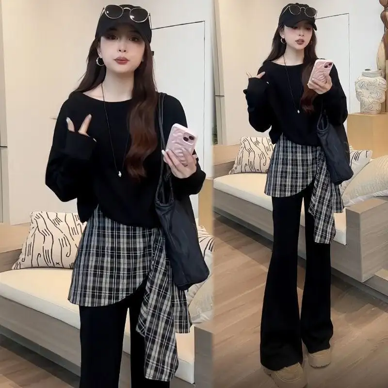 Fashionable Casual Pants Set Women's Long Sleeve Cotton Simulation Diagonal Stripe Two-Piece Autumn Spring Leisure Outfit