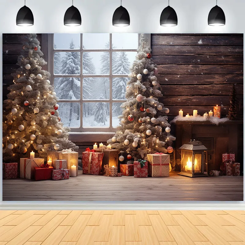 Christmas Tree With Wooden Floor Photography Backdrops Pinecones Snow Fireplace New Year Winter Holiday Party Background DT-28