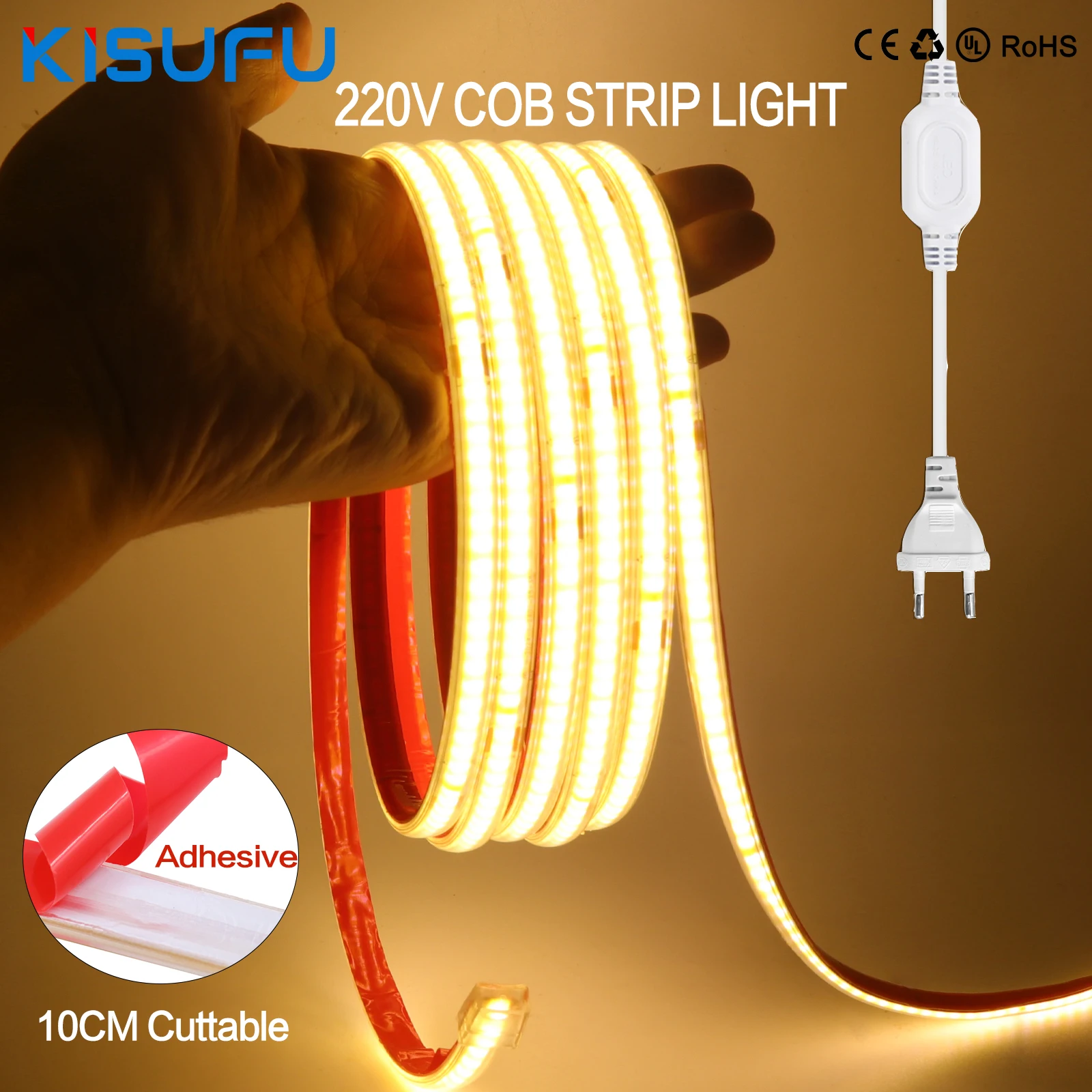 220V 230V COB LED Strip Adhesive High Quality 10m 20m 30m 50m Super Bright 240LED Outdoor Waterproof LED Tape with Power Plug