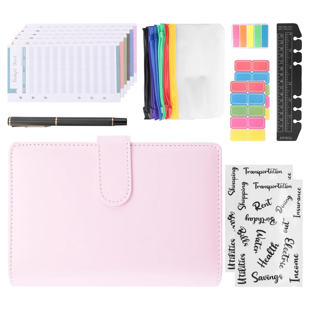 A6 PU Budget Binder with Zipper Envelopes, Widely Used in Home, School and Travel Pink