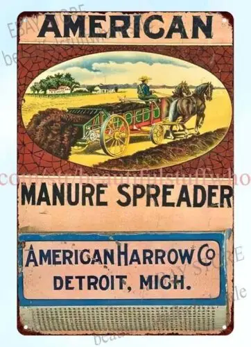 restaurant pub American Harrow Co Detroit Mich Manure Spreader metal tin sign