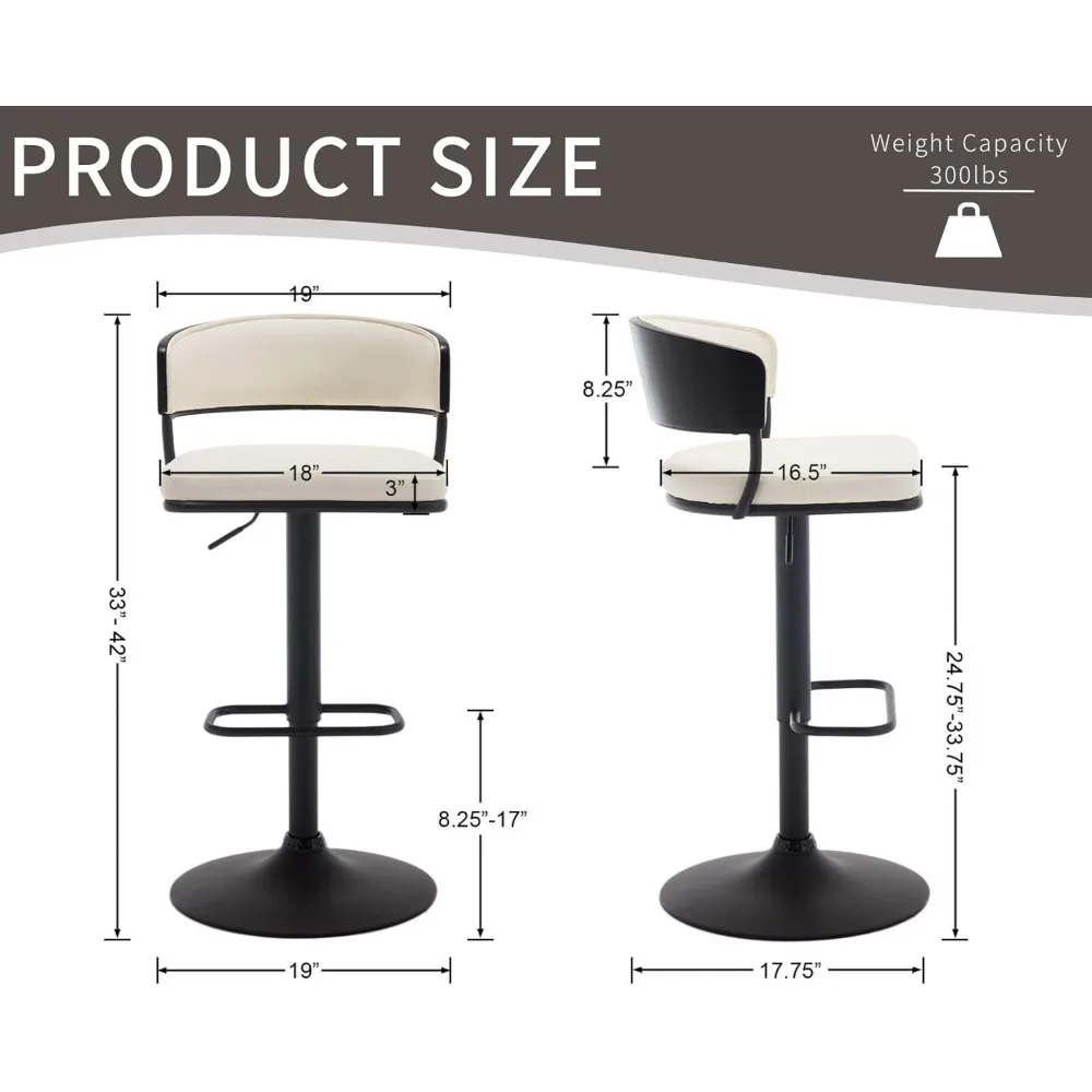 Adjustable Modern Bar Stools Set of 2 Faux Leather Barstools Swivel Counter Height Bar stools with Curved Back/Black Metal Base