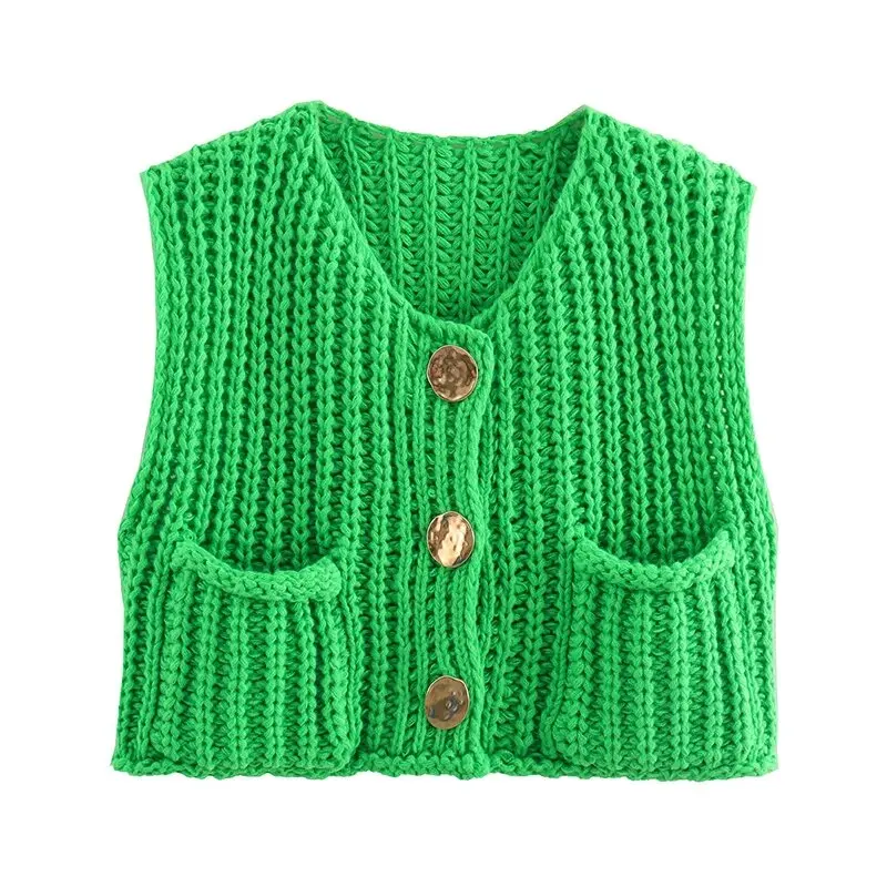 Gilet senza maniche tascabile autunnale con scollo a v Cardigan monopetto maglione lavorato a maglia gilet corto Sweet Chic Ladies Tops