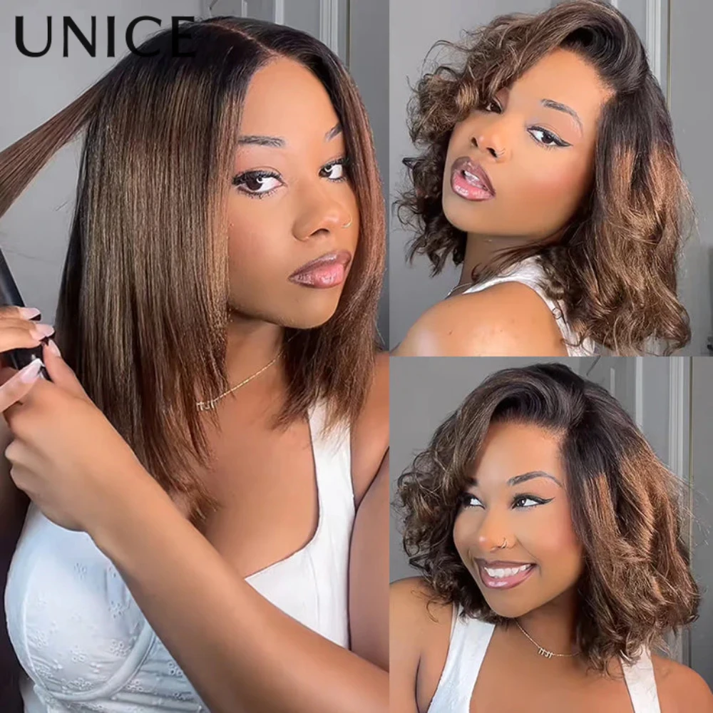 

UNice 7x5 Bye Bye Slip™ & 13x4 Pre-Everything™ Chestnut Brown Ombre Yaki Straight Bob Wig 100% Human Hair Glueless Wig