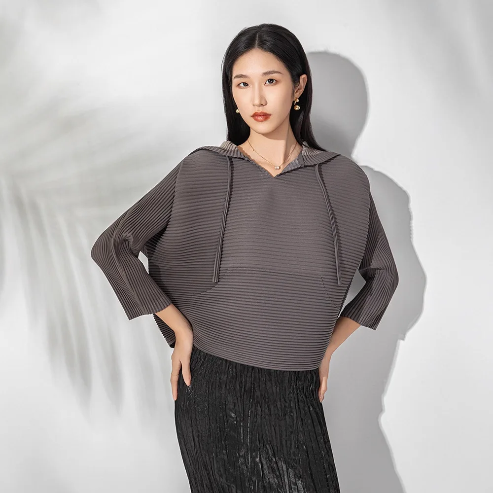 

Плиссированная толстовка с капюшоном Miyake, высококачественный, из плотного материала, свободный, модный, повседневный, универсальный и элегантный топ