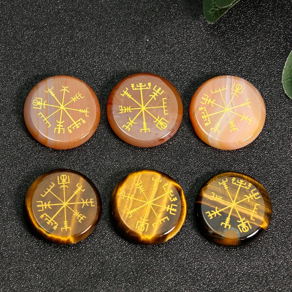 Láser de cuarzo de ágata de ojo de tigre Natural, símbolos de brújula vikinga, tótem de energía, piedras preciosas Reiki, Chakra, piezas de joyería curativa, 25mm, 5 piezas