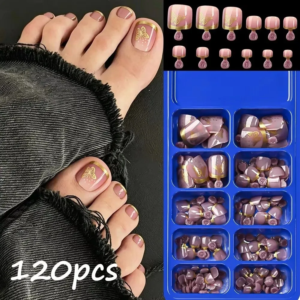 120Pcs/Box Nude Pink Short Square False Nails Comfort Fit Butterfly Design Artificial Foot Nails Glossy Smooth Surface