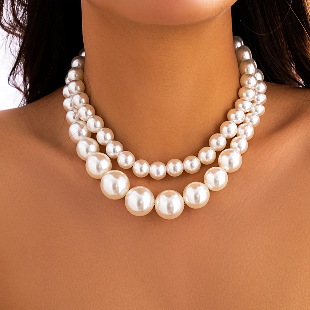 2 sztuk/zestaw luksusowe eleganckie duże imitacje pereł Choker naszyjnik dla kobiet przesadzone wielowarstwowe zroszony łańcuszek do kołnierzyka biżuteria ślubna — zdjęcie 3
