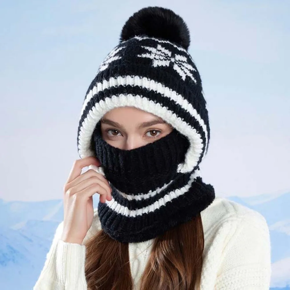Fleece Lining Knitted Balaclava Hat Snowflake Jacquard Ear Protection Integrated Scarf Cap Fluffy Pom Soft Thermal Face Cover