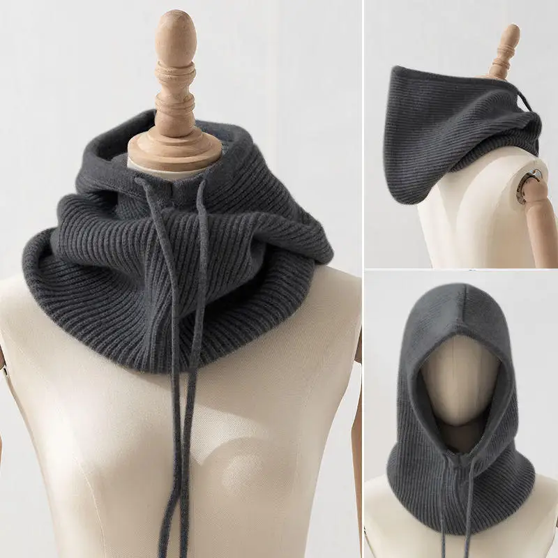 

2024, вязаный капюшон унисекс, искусственный кашемир, с капюшоном, воротником, шапкой на шнурке, толстая шапка для мужчин и женщин, регулируемая эластичная шапка