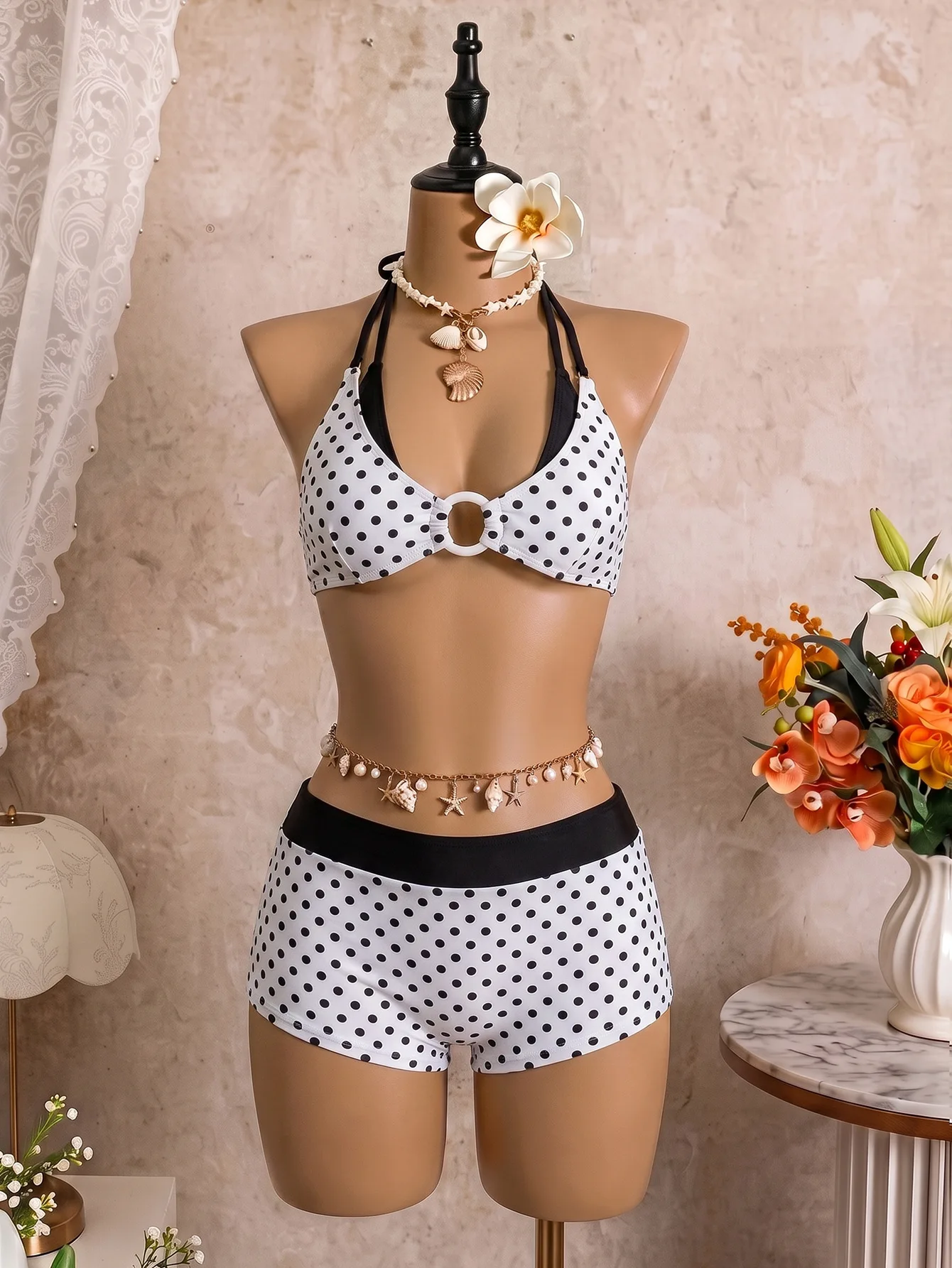 sexy polka dot print ring shorts bikinis sets two pieces thong high waist swimsuits bathing suit swimwear biquini tankini