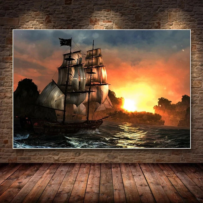 Sunset Fantasy Pirate Ship Pirate Ship Sea Sunset Print Art Canvas Poster for Living Room Decoration Home Wall Decor Picture