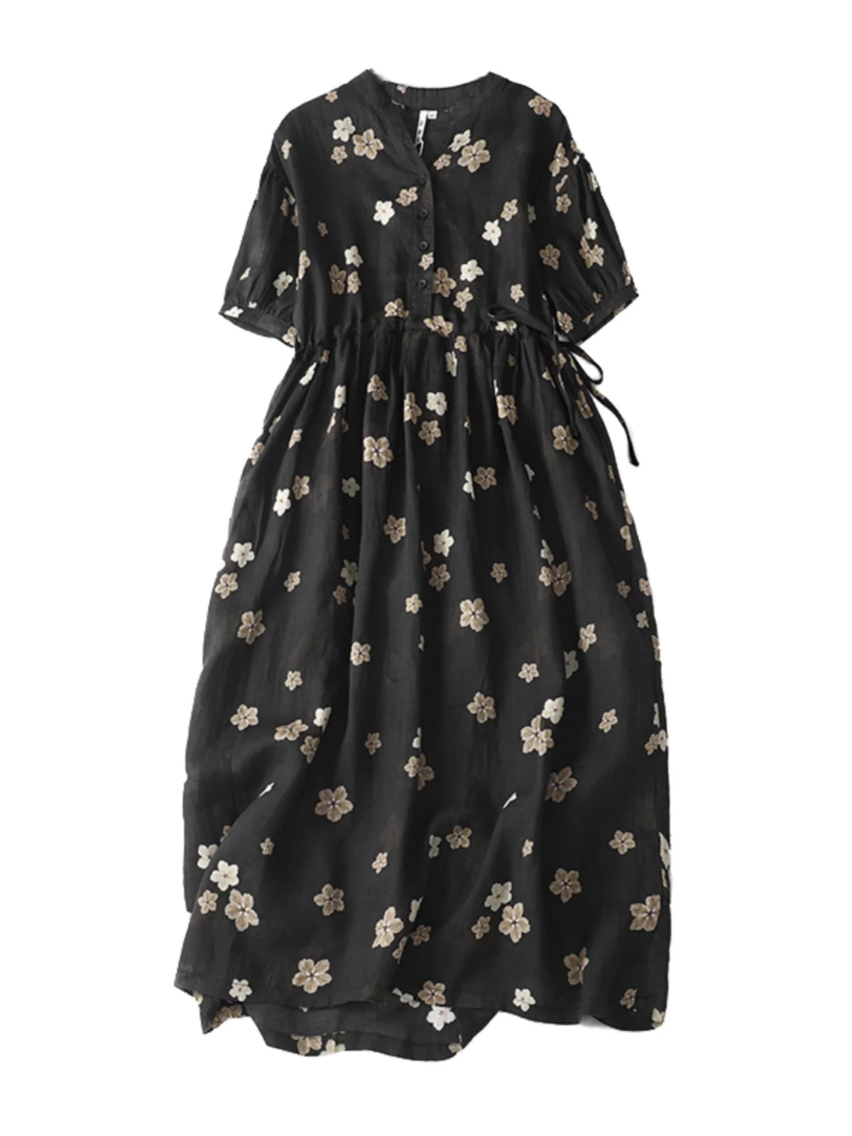 레트로 고급 린넨 플로럴 프린트 드레스 여성용 반팔 벨트 허리 조임 롱 스커트 출퇴근 스타일 프린트 시스루 원단