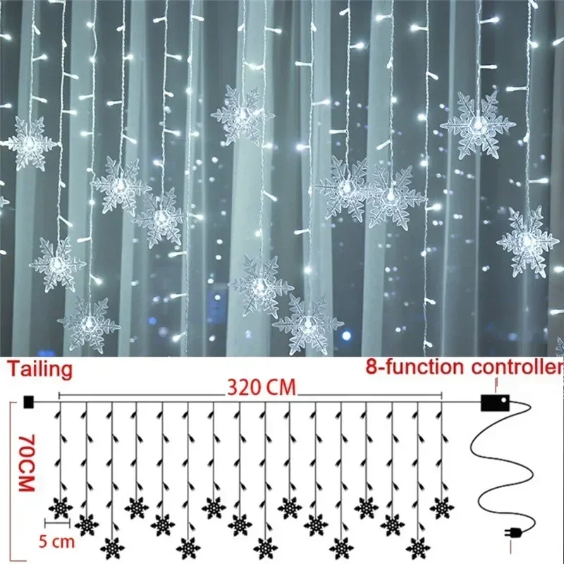 Flashing 8 Modes EU Plug New Year 2025 Snowflake Window Curtain LED Icicle Fairy Light Garden Christmas Decoration for Home