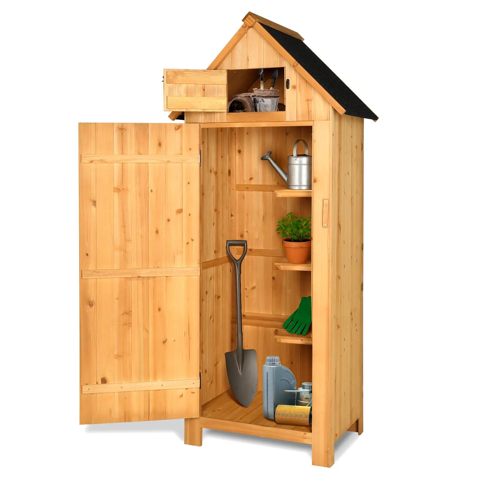 Outdoor Wooden Storage Shed, Garden Shed Outside Tool Cabinet with Safety Latch, Patio Storage Organizer (Dark Grey)