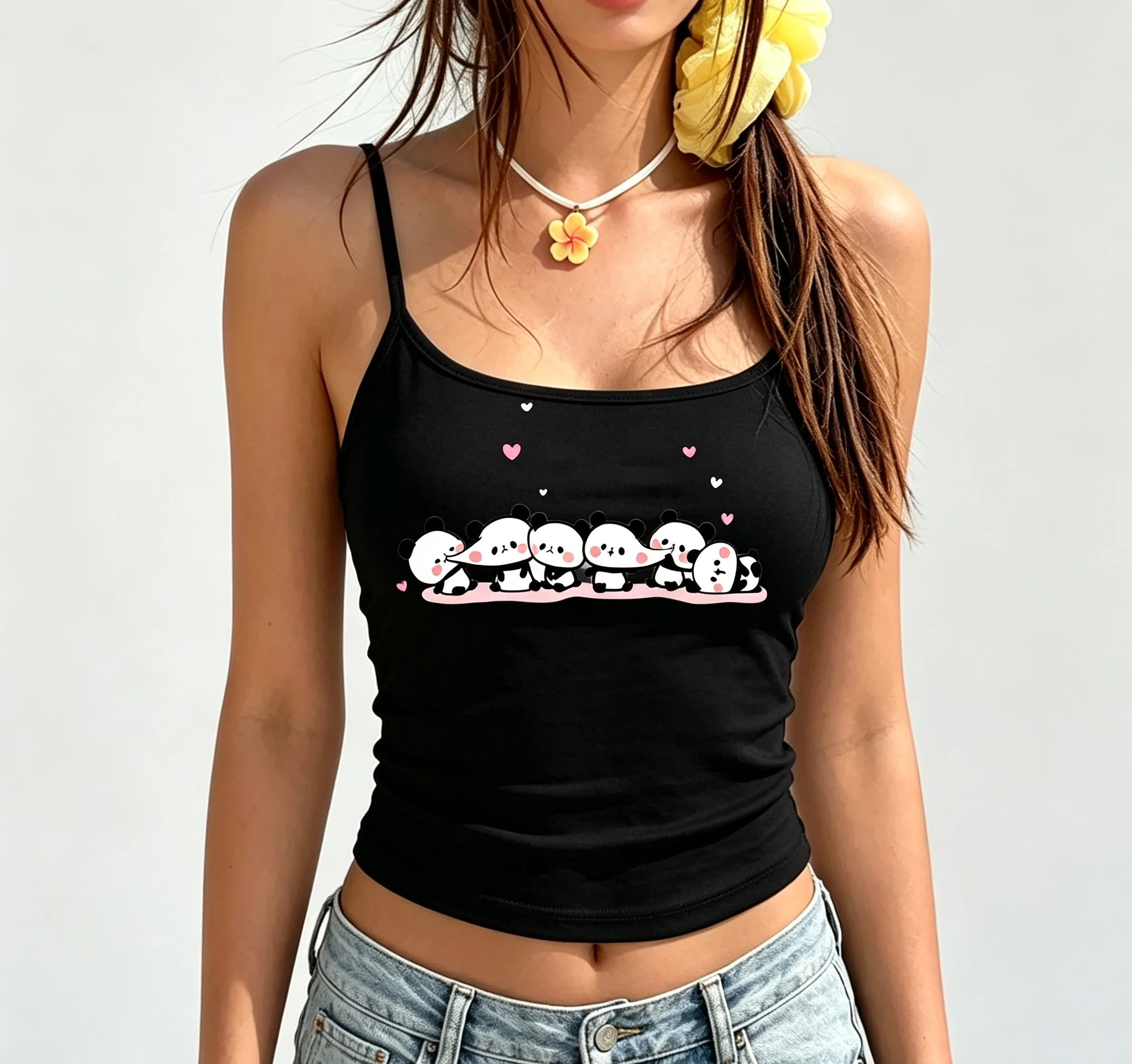 Cute Cartoon Panda Group Graphic Crop Cami Tank Top Trendy Casual Slim Fit Sleeveless Summer Daily Wear for Women