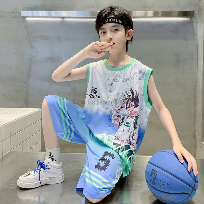 2024 quick dry ice silk fabric boys basketball uniform chinese thin cool sleeveless sports set fashionable leisure ball garment