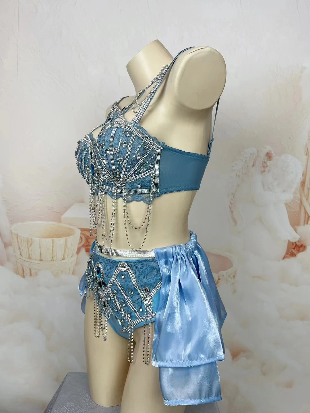Nightclub Bar Sexy Stage Wear Blue Rhinestones Beading Bikini Gogo Dancer Electric Music Festival Outfit Party Show Costume