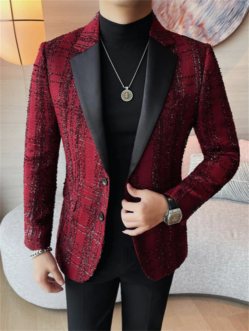 Men Fashion Plaid Casual Business Blazer Gentleman Versatile Banquet Party Groom Wedding Coats British Style Woven Suit Jacket