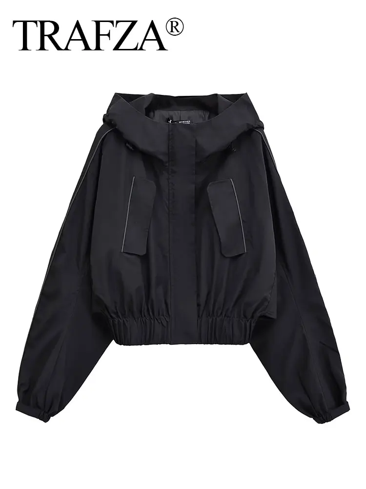 TRAFZA 2024 ฤดูใบไม้ร่วงHoodedเสื้อแจ็คเก็ตผู้หญิงแฟชั่นหลวมZipper Fly Croppedแจ็คเก็ตผู้หญิงด้านบนกับกระเป๋าหญิงเสื้อ