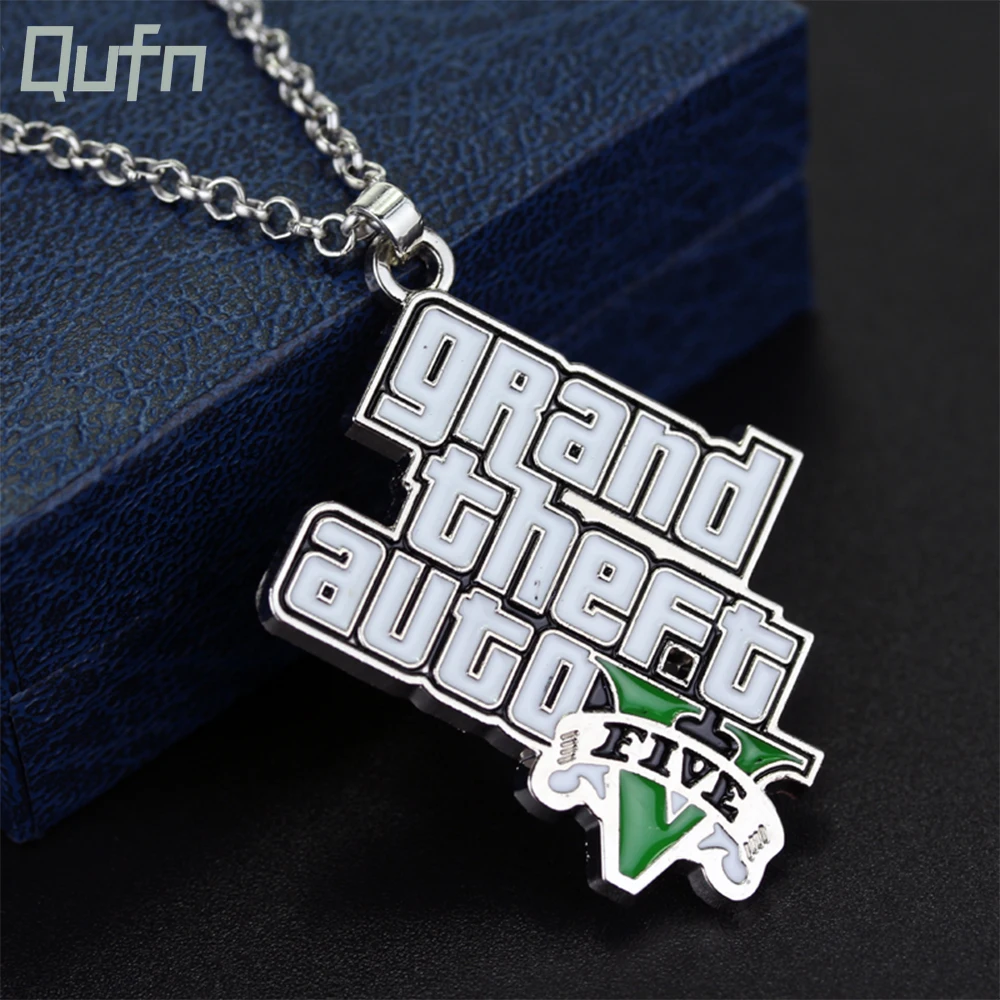 Classic Game GTA Necklace Grand Theft Auto Five V Logo White Enamel Pendant Necklace For Women And Men Cool Jewelry Gifts