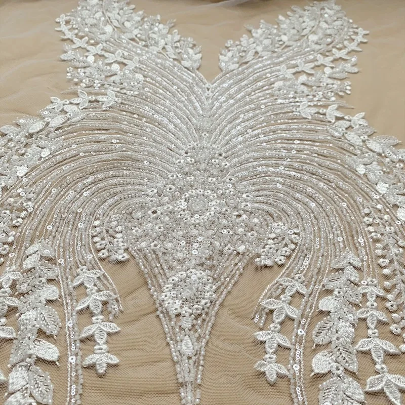 1 Piece Large 3D Tiny Pearl Beaded Bridal Bodice Lace Applique , Beading Wedding Accessories in Ivory