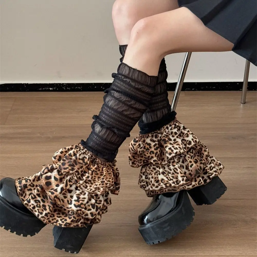 Women Leopard Print Ruched Leg Warmer Winter Warm Harajuku Tiered Piled Calf Socks Mesh Ruffled Flared Leg Sleeve