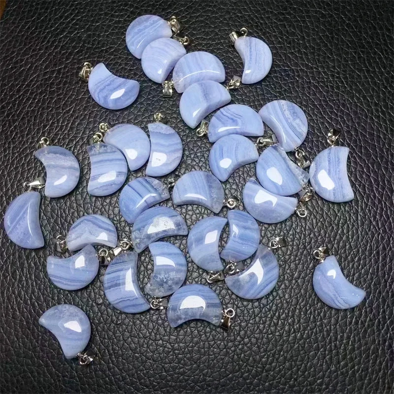 S925 Natural Blue Lace Agate Moon Pendant Crystals Healing Reiki Jewelry Making Pendant Crafts Home Room Decoration Ornament 1PC