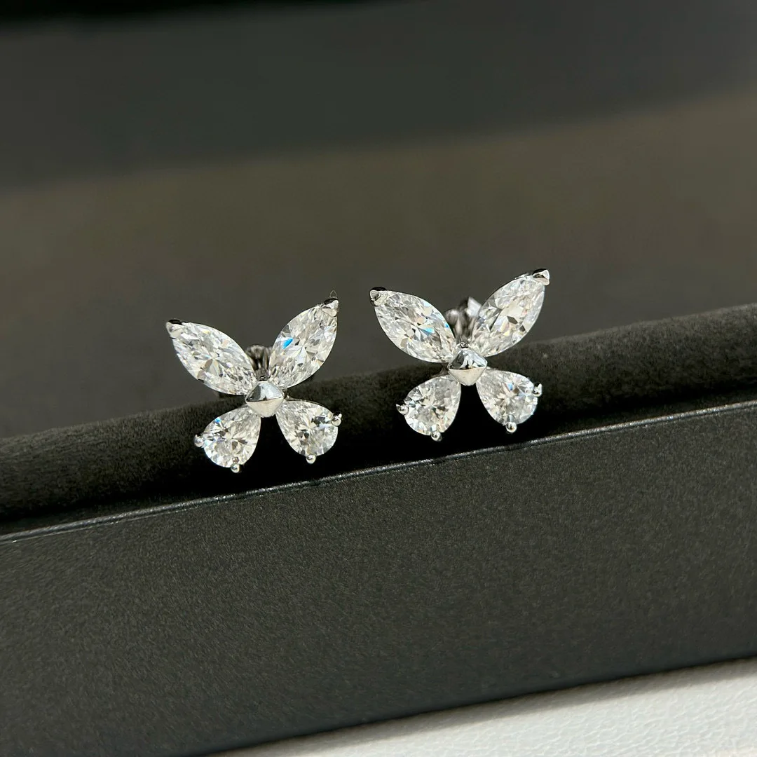 

100% 925 Sterling Silver AAA Zirconia Butterfly Stud Earrings For Women Fine Jewelry